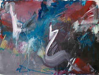 Abstraktes Gemälde in zurückhaltenden Tönen von Grau, Ultramarin und gebrochenem Rot. In der Mitte und am oberen linken Rand sind geschwungene weiße Formen zu sehen, hinterlassen von mutigen Pinselstrichen.