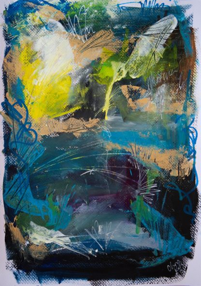 Abstraktes Gemälde in Himmelblau mit gelben und weißen und goldenen Akzenten. Es wirkt wie ein See, über dem Formen schweben.