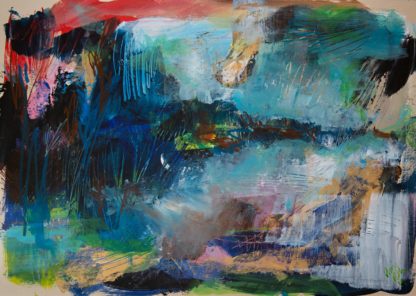 Ein abstraktes Gemälde, das an ein nebeliges Flussufer erinnert. Die Farben sind stark, es dominieren Türkis und dunkle Blaus, kontrastiert von grün und gold und rot.